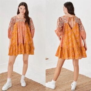 American Eagle Outfitters orange and cream floral tiered babydoll mini dress XS